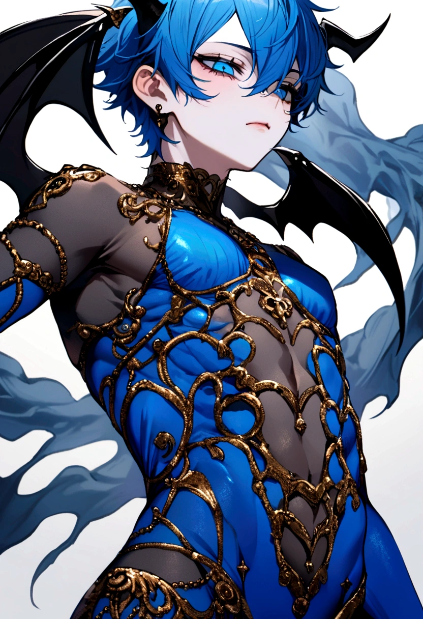 A small male half demon half human, covered in body jewelry and sexy clothes, male, favorite color is blue, twink
