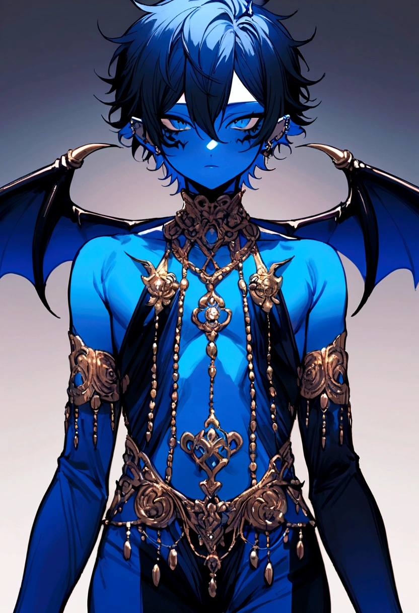 A small male half demon half human, covered in body jewelry and sexy clothes, male, favorite color is blue, twink