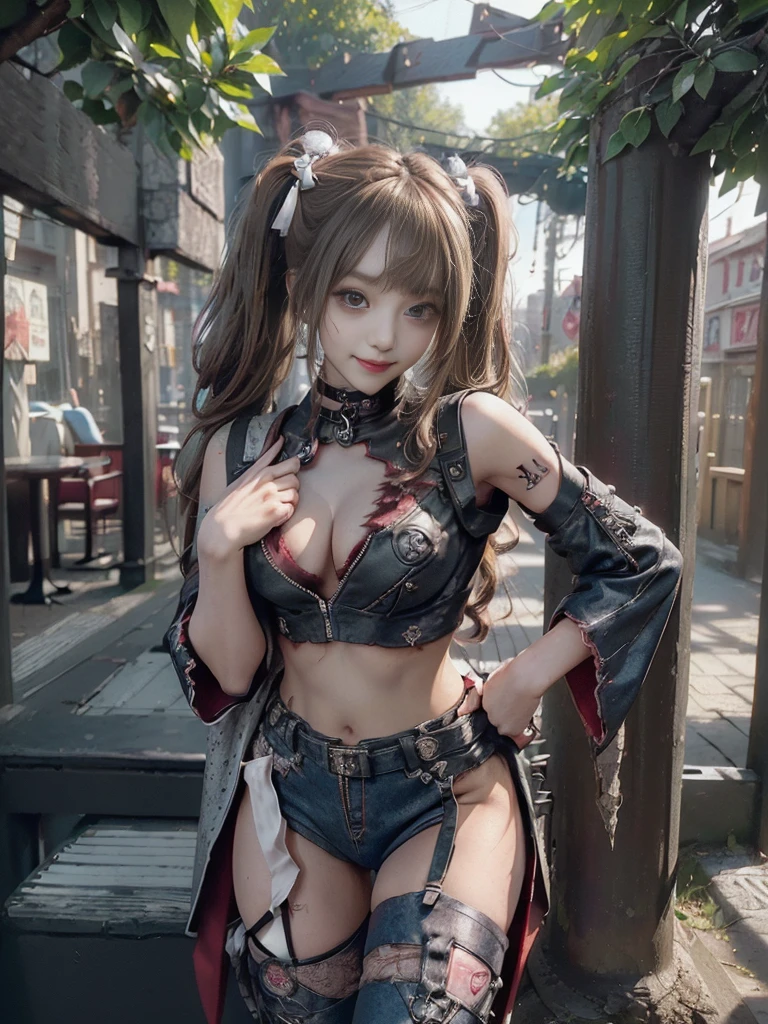(Full body:1.4)、(Full Body View:1.4)、(Side view:1.1)、(Smiling with teeth showing:1.3),(Shibuya Gal:1.5)、(Beautiful:1.5)、(Punk RockVisual Kei:1.4)、(Burgundy denim with khaki and brown medieval tattered zip up:1.5)、(Wine red arm covers and tattered bugle pants:1.5)、(Wine red high heels:1.3)、(Wearing silver accessories:1.5)、(Dark brown collar:1.4)、(Leather garter belt:1.4)、(Red skin belt:1.3)、(Red lace underwear:1.5)、20-year-old、NSFW、((Highest quality、In 8K、masterpiece:1.3))、Sharp focus:1.2、(Layered Cut、Huge boobs:1.1),Beautiful woman with perfect figure:1.4、(Doing an aerobics pose:1.3)、Slender Abs:1.2、Highly detailed face and skin texture、Detailed eyes、double eyelid,(Twin tails:1.3)、(Brown-golden hair:1.3)、Gravure idol、(A fairytale-like cafe with a lush tree background:1.3)、(Slim body:1.3),(Make your legs thinner:1.4),(Thin, thin thighs:1.3)、(clavicle:1.1)