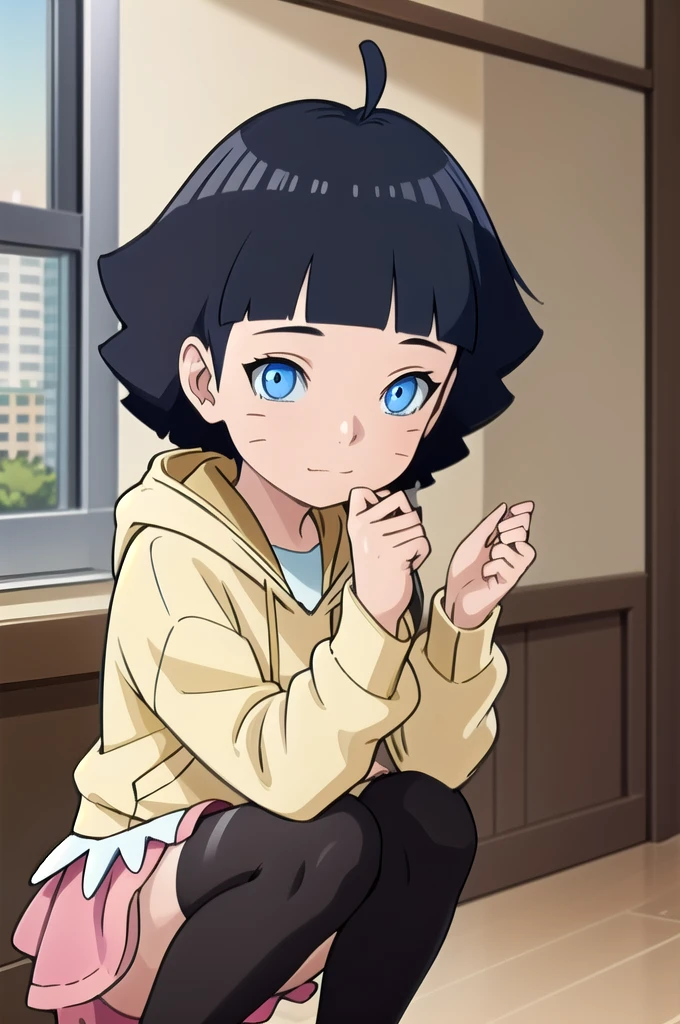 1girl, himawari, hoodie, hima-skirt, black stockings, indoors, masterpiece, best quality, detailed  