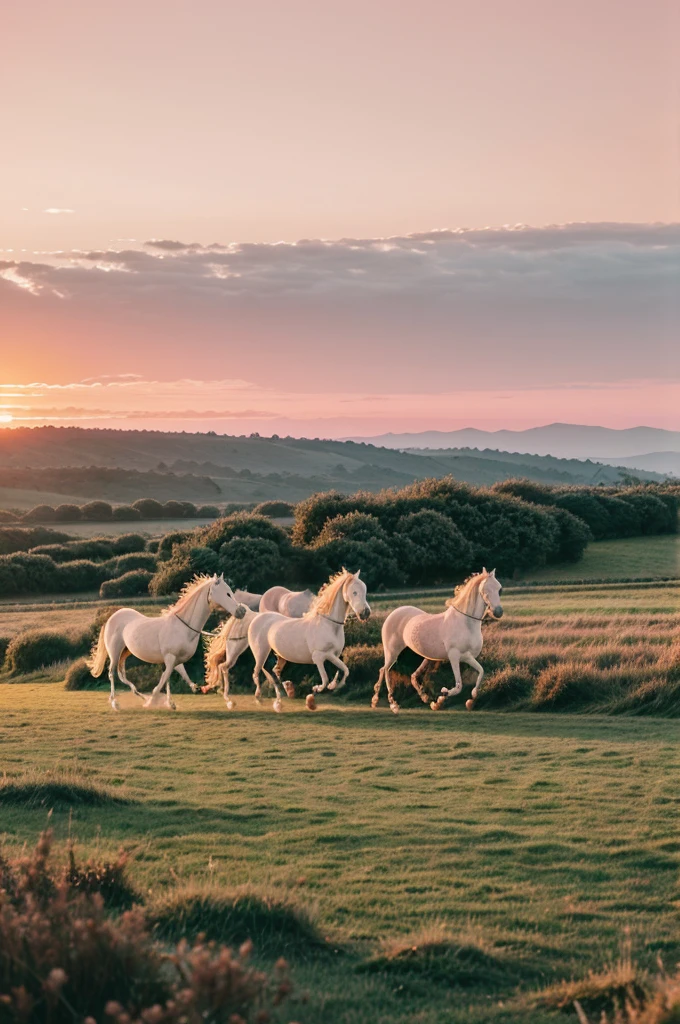 7 white horses running towards you with pink sky and sunrise in the background in landscape