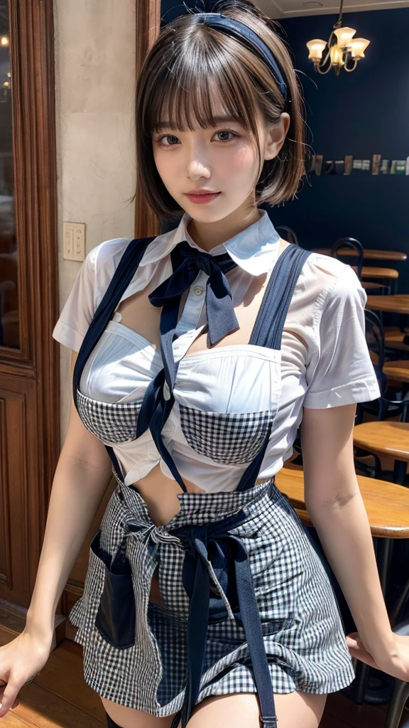masterpiece, best quality, ultra high res, (photo realistic:1.6), 1girl, (short hair:1.5), (round face:1.3),(gingham-check suspender-apron:1.3), (solid-blue high-waist skirt:1.3), (apron over skirt:1.2), (white blouse:1.3), (double-breasted,underbust:1.2), short sleeves, button gap, (solid-blue bow-tie:1.2), (Plumpy body:1.2), (smooth skin:1.1), dynamic pose, (breasts:1.2), cafe, Restaurant,