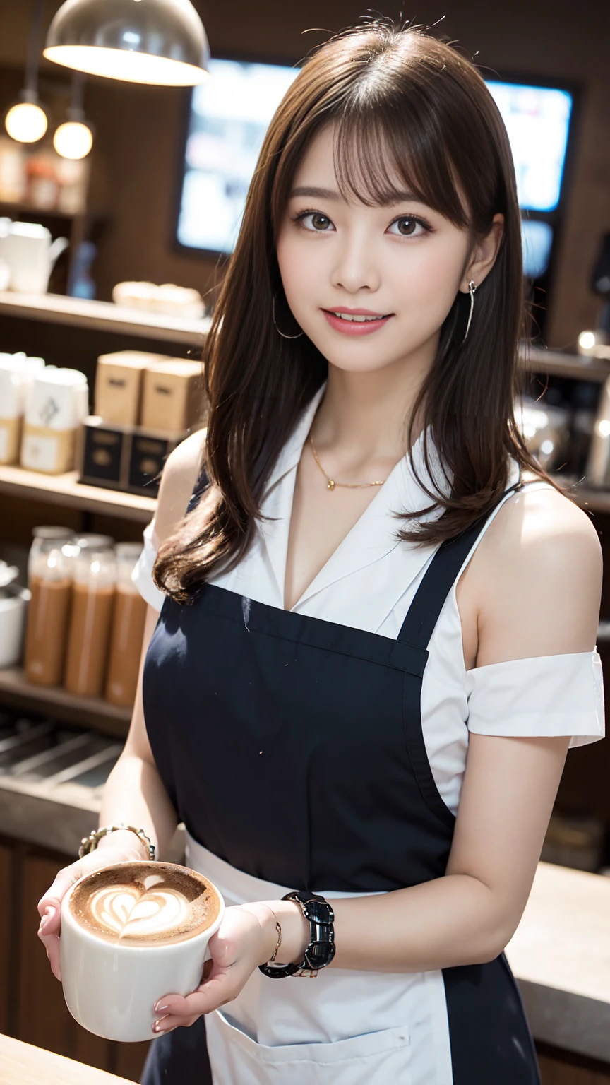 Elegant Features，Glowing Skin，girl，The only person，Barista，Watery eye，Glowing Eyes，smile，Long white hair，Brown haired，Wave Head，Heart-shaped hair ornament，bracelet，collar，Hoop Earrings，Workplace uniforms，apron，Fast Food Uniforms，Facing the audience，Holding a mug，coffee shop，BREAK ceremony,((Random sexy poses、put in、Deep joy, Ecstatic eyes:1.2)), ((I gasp hard:1.2))、Ecstatic face、Climax expression, Through clenched teeth、My whole body is convulsing、Official Art，非常に詳細な CG Unity 8K 壁紙, (masterpiece:1.0),(Highest quality:1.0), photo shoot, 8K, Browsing Caution, High resolution, Kodak Portrait 400, Film Grain, Lens flare brilliance,Very low camera angle, View your audience