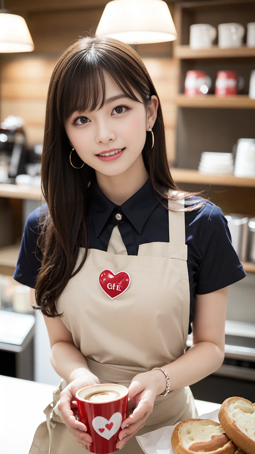 Elegant Features，Glowing Skin，girl，The only person，Barista，Watery eye，Glowing Eyes，smile，Long white hair，Brown haired，Wave Head，Heart-shaped hair ornament，bracelet，collar，Hoop Earrings，Workplace uniforms，apron，Fast Food Uniforms，Facing the audience，Holding a mug，coffee shop，BREAK ceremony,((Random sexy poses、put in、Deep joy, Ecstatic eyes:1.2)), ((I gasp hard:1.2))、Ecstatic face、Climax expression, Through clenched teeth、My whole body is convulsing、Official Art，非常に詳細な CG Unity 8K 壁紙, (masterpiece:1.0),(Highest quality:1.0), photo shoot, 8K, Browsing Caution, High resolution, Kodak Portrait 400, Film Grain, Lens flare brilliance,Very low camera angle, View your audience