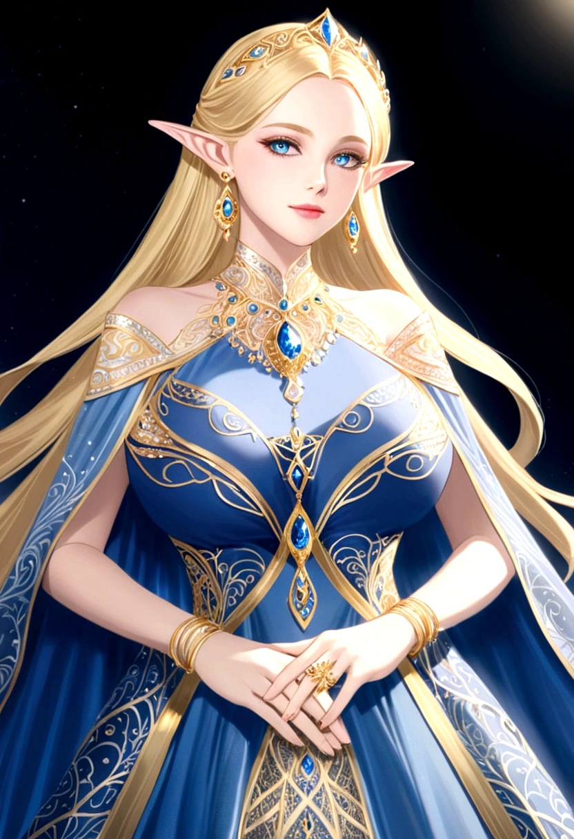 Adorned with luxurious accessories, the blonde-haired, blue-eyed elf queen captivates the viewer with her regal presence. Her gown, embroidered with gold and silver threads and intricately patterned with brightly colored threads, shimmers in the ethereal light. Ears adorned with pierced earrings sparkle, an elegant necklace adorns the slender neck, and rings and bangles adorn the fingers. giga_busty, breasts