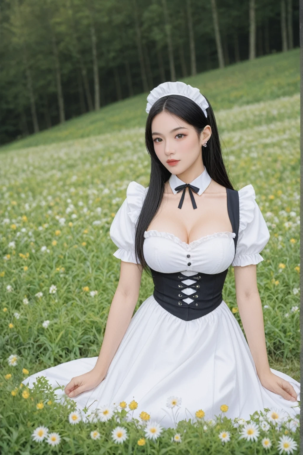 score_9, score_8_up, score_7_up, BREAK,
 A woman is depicted sitting atop a vibrant green field of flowers in this fantasy art piece by Yang J, featuring a ???? maid in a magical forest with the style of guo hua. The fine detail anime artwork is reminiscent of sakimichan and frank franzzeta, executed in the style of guweiz. It portrays a glamorous and alluring geisha with long hair and piercing eyes, creating a beautiful illustration.