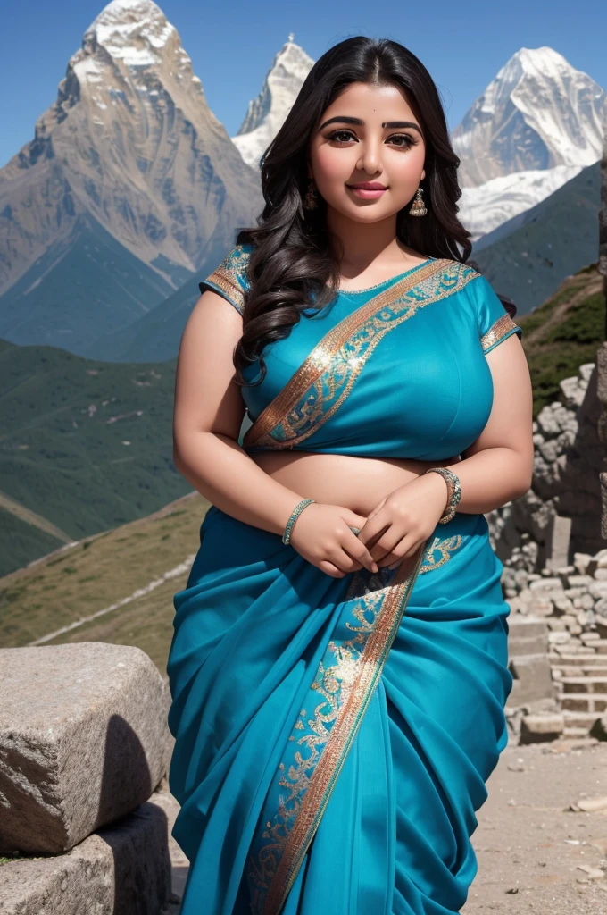 1 Heavenly beautiful and goddess beauty cute and sweet looking face Arabian woman in Ama Dablam Mountain, Heavenly beautiful Overweight, Heavenly beautiful Extremely fat, Heavenly beautiful and attractive Chubby figure , Heavenly beautiful looking and eye catching luxury style tight fitting elegant saree, reaching out, Heavenly beautiful Arabian woman, 16k, High resolution, masterpiece, highest quality, fine skin, Realistic Photograph