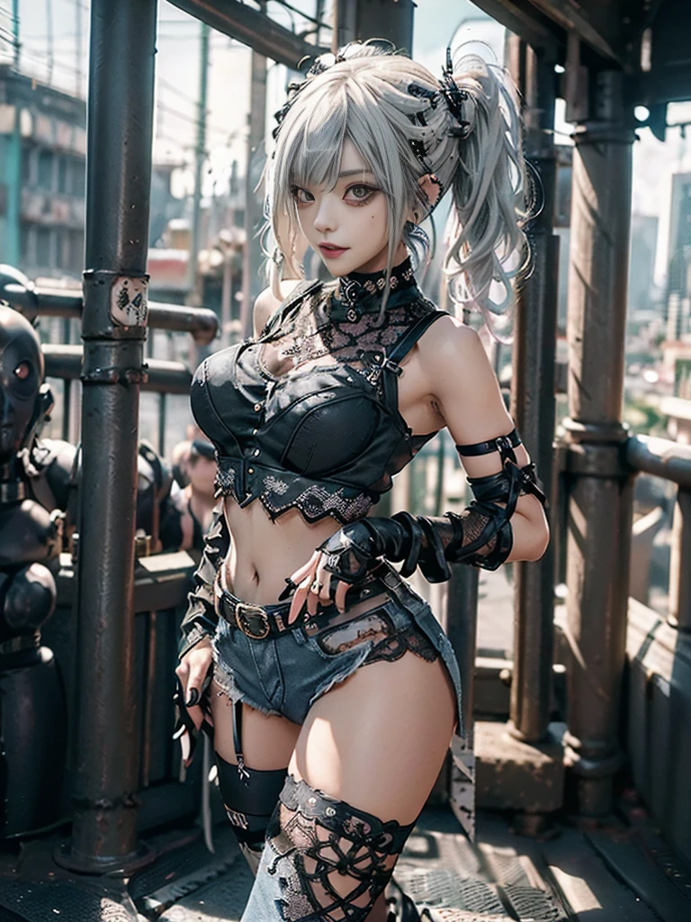 (Full Body View:1.3)、(Side view:1.1)、(Wearing a thong:1.4)、(Accentuate your butt:1.3)、(Smiling with teeth showing:1.3),(Shibuya Gal:1.5)、(Neo-goth style fashion:1.5)、(Punk RockVisual Kei:1.4)、(A high-leg bodysuit in a delicate design of denim, silver and black:1.5)、(Denim, black gloves and sailor shirt:1.5)、(Denim high heels:1.3)、(Wearing silver accessories:1.5)、(Denim collar:1.4)、(Black Leather Garter Belt:1.4)、(Brown Skin Belt:1.3)、(Black lace underwear:1.5)、20-year-old、NSFW、((Highest quality、In 8K、masterpiece:1.3))、Sharp focus:1.2、(Layered Cut、Huge boobs:1.1),Beautiful woman with perfect figure:1.4、(Dancing vigorously:1.3)、Slender Abs:1.2、Highly detailed face and skin texture、Detailed eyes、double eyelid,(Twin tails:1.3)、(Cream colored hair:1.3)、Gravure idol、(The Caribbean cityscape in the background:1.3)、(Slim body:1.3),(Make your legs thinner:1.4),(clavicle:1.1)