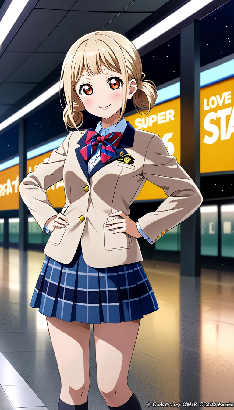 1girl, solo,chisato arashi, love live! sunshine! super star, long hair, bangs, (red eyes:1.3), twintails, white hair, blunt bangs, hair bun, double bun, otonokizaka winter uniform, red striped bow tie, navy blue blazer, blue striped skirt,socks,loafers,standing,put hands on hip,from front,cowboy shot,closed mouth,in akihabara station :d, (1girl), (solo),BREAK score_9, score_8_up, score_7_up, score_6_up, source_anime