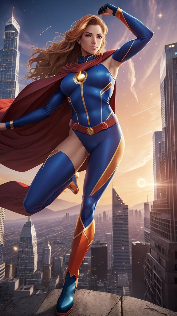 Tight suit in blue and red tones with the iconic symbol "S" On the chest.
- Red cape fluttering in the wind, long and majestic.
- High boots and gloves, both in red, that complement the suit.
- Thin yellow belt that defines the waist.
- Standing, with a firm and confident posture, hands on hips.
- Flying over a city with a determined look.
- In a dynamic pose, ready for action, with one arm extended and the other flexed.
- Determined and confident look, transmitting both power and compassion.
- A soft but confident smile can add warmth and bring the character closer.
- Metropolitan city at sunset, with skyscrapers and a sky that mixes orange and purple tones.
- A cosmic scene with planets and stars, showing your connection to the universe.
- A post-battle landscape with destroyed elements, highlighting her role as protector.
- Soft, warm light that highlights the textures and details of the suit.
- Shadows that accentuate the muscles and figure, creating a dramatic contrast.
- Light effects that suggest energy and power emanating from the character.
- Hair blowing in the wind, adding dynamism.
- Visual effects such as flashes of light or auras that enhance your power.
- Add moving elements, like the cape and hair, to give life and energy to the image.