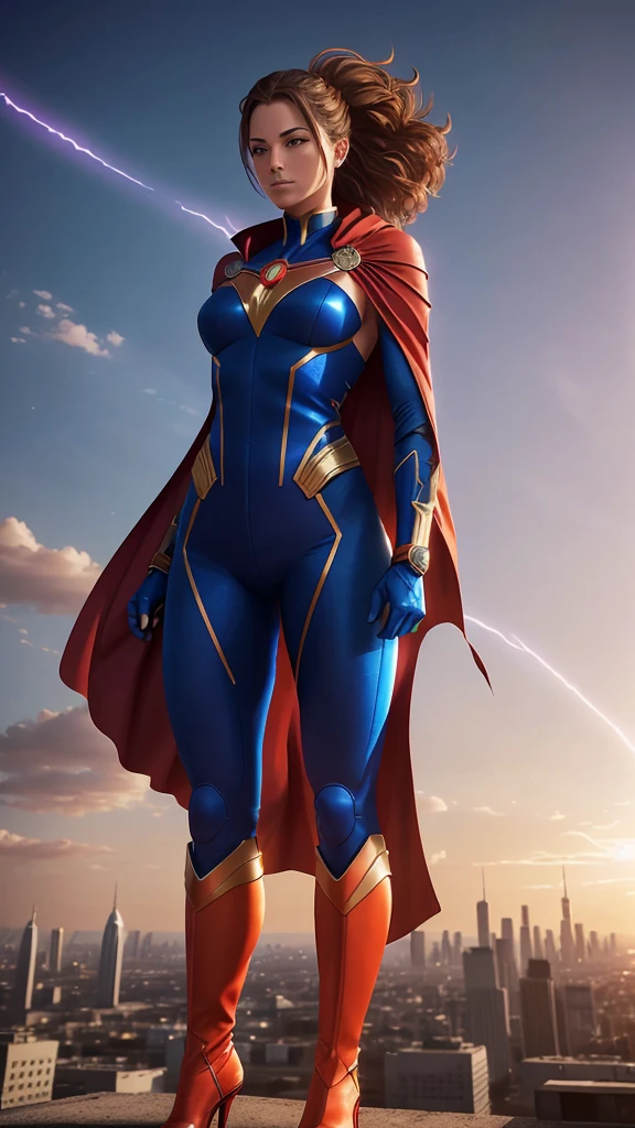 Tight suit in blue and red tones with the iconic symbol "S" On the chest.
- Red cape fluttering in the wind, long and majestic.
- High boots and gloves, both in red, that complement the suit.
- Thin yellow belt that defines the waist.
- Standing, with a firm and confident posture, hands on hips.
- Flying over a city with a determined look.
- In a dynamic pose, ready for action, with one arm extended and the other flexed.
- Determined and confident look, transmitting both power and compassion.
- A soft but confident smile can add warmth and bring the character closer.
- Metropolitan city at sunset, with skyscrapers and a sky that mixes orange and purple tones.
- A cosmic scene with planets and stars, showing your connection to the universe.
- A post-battle landscape with destroyed elements, highlighting her role as protector.
- Soft, warm light that highlights the textures and details of the suit.
- Shadows that accentuate the muscles and figure, creating a dramatic contrast.
- Light effects that suggest energy and power emanating from the character.
- Hair blowing in the wind, adding dynamism.
- Visual effects such as flashes of light or auras that enhance your power.
- Add moving elements, like the cape and hair, to give life and energy to the image.
