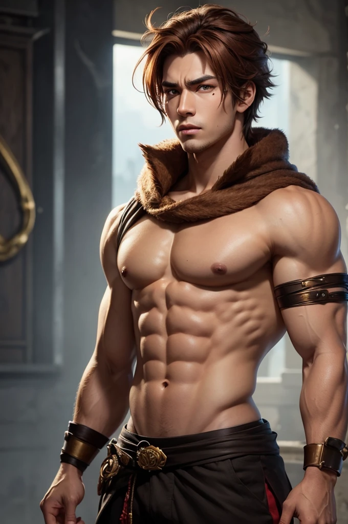 Create an image of a male character with human characteristics and some dragon powers. Almost red brown hair, brown skin, gold eyes, scar on muscular eye, black leagwear