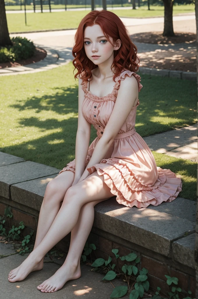 red wavy bob hair, one  girl, pale skin, blue eyes, short frilled peach color dress, barefoot, in the park, sitting portrait