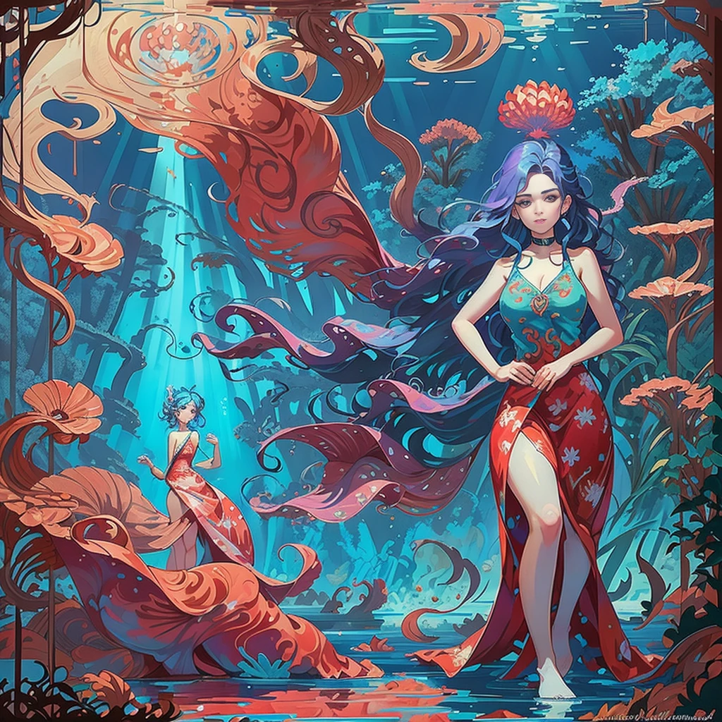 Kirlian photography of a hot, seductive girl with wavy hair under the sea, showcasing aquatic artistry. The pinup girl wears a choker and a dress made with octopus, featuring a V-neck, sleeveless design adorned with algae. She has big chests and the image is vivid, vibrant, and colorful, with mermaids in the background. Incorporating Aipan style, the scene is embellished with intricate red and white patterns and symmetrical geometric motifs, blending traditional Indian artistic elements with the underwater fantasy setting
