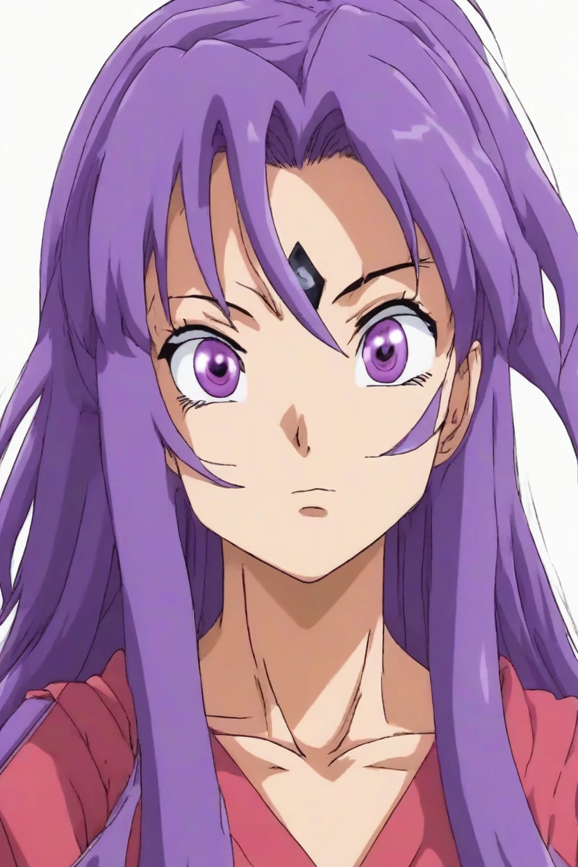 toriyama akira, high res, aihoshinonova, 1girl , solo, long hair, bangs, purple hair, purple eyes, star-shaped pupils, (close mouth), collarbone, blush, medium breasts,