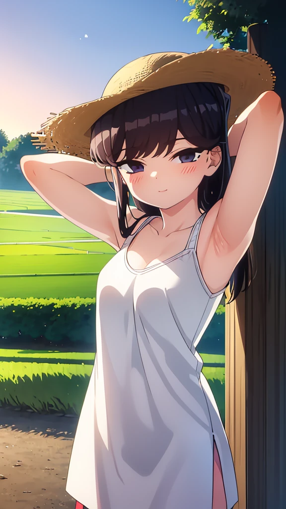 True Face stand alone afternoon bright from the front straight Low length Cowboy Shot Place your arms behind your head countryside Beautiful views Straw hat Please show me your armpit hair beauty blush Summer evening Paddy field Place your hands behind your head About elementary school students White tank top smile
