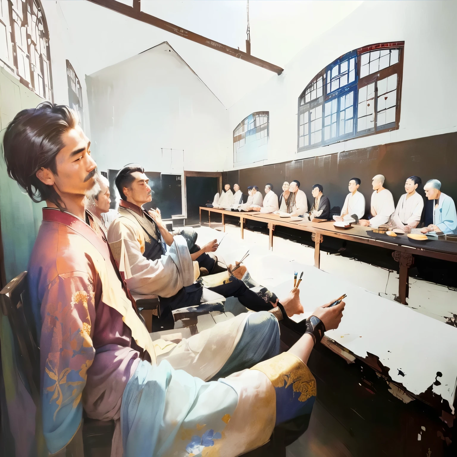 painting of a group of men sitting in a room with a table, chinese prison, sitting in a prison, by Robert Peak, prison scene, by Wen Zhengming, by Cheng Zhengkui, inspired by Abdur Rahman Chughtai, by Yi Yuanji, colourized, in a temple, by Shi Zhonggui
