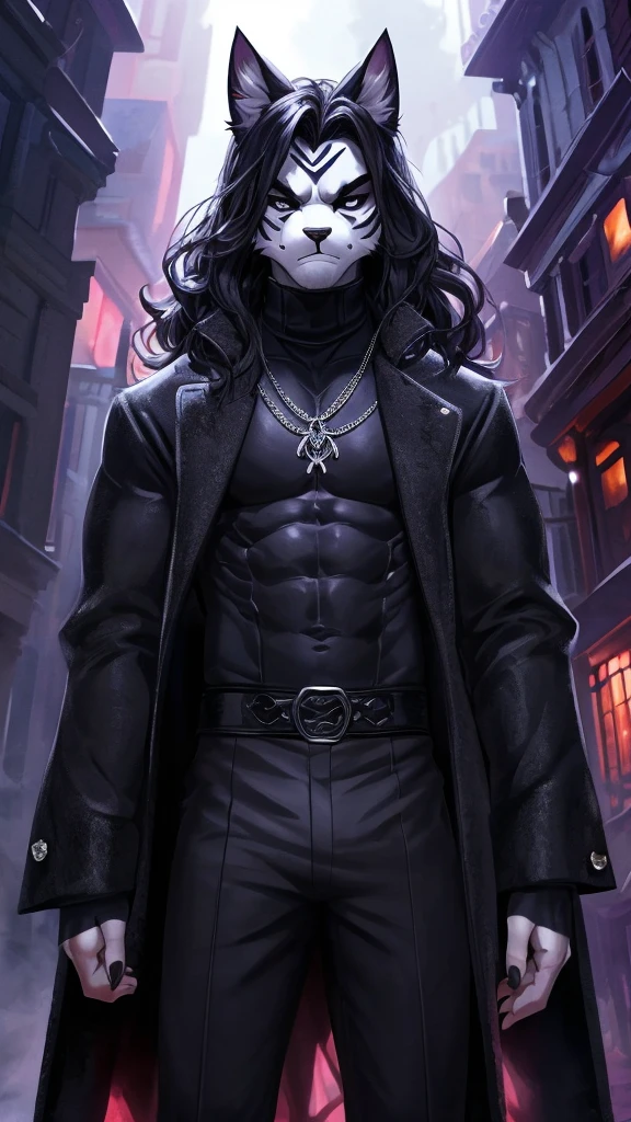 Ross Tran, ruan jia, trending on artstation, Male, (Male anthro cat:1.3), (Black fur with white fur patterns:1.1), (standing:1.3), (Foggy night city:1.23), (displeased expression:1.3), detailed eyes, black nose, (detailed eyes), (sharp white eyes), detailed background, 8k hd, (dark shadows, wide dynamic range, hdr, low light:1.2), (Lean physique), slight black eyeshadow, (Long wavy black hair), (black long coat, black turtleneck, silver necklace, black dress pants), ((Gothic))