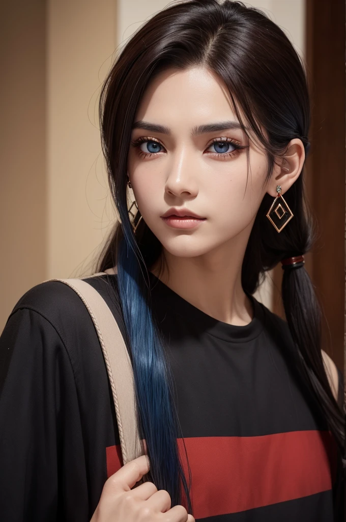 Color of the character brown Brown eyes Red and black shirt Black hair with blue tips Diamond earring A bag Male character And scar on the eye Hand behind the head 
