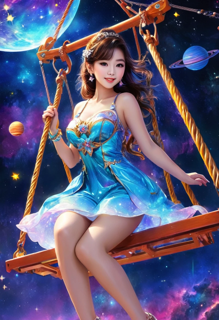 Beautiful asian woman, brunette, busty, colorfull outfit, on a swing set in outerspace, stars, bright galaxies, neon planet in the background, magic and bliss, anime style