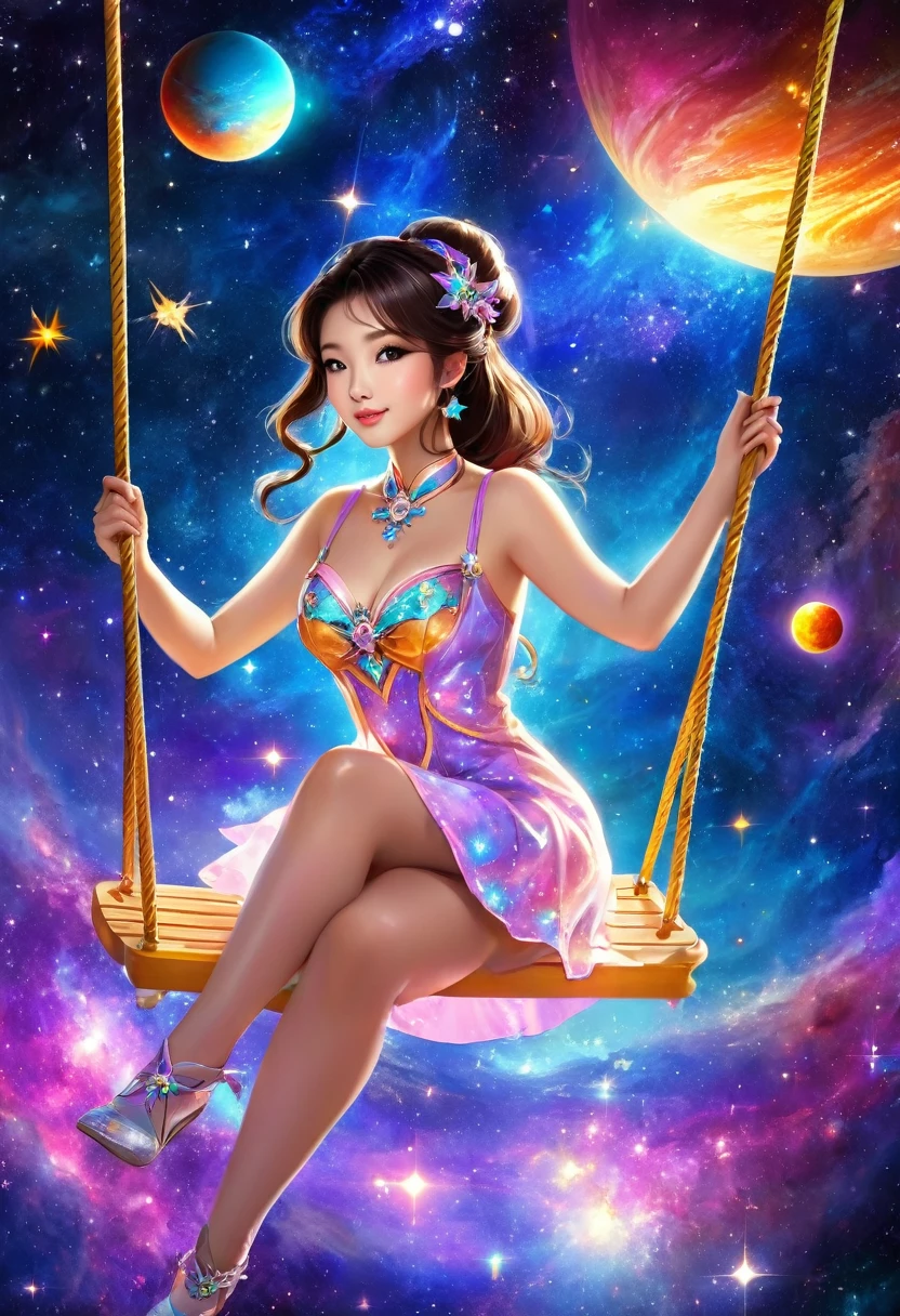 Beautiful asian woman, brunette, busty, colorfull outfit, on a swing set in outerspace, stars, bright galaxies, neon planet in the background, magic and bliss, anime style