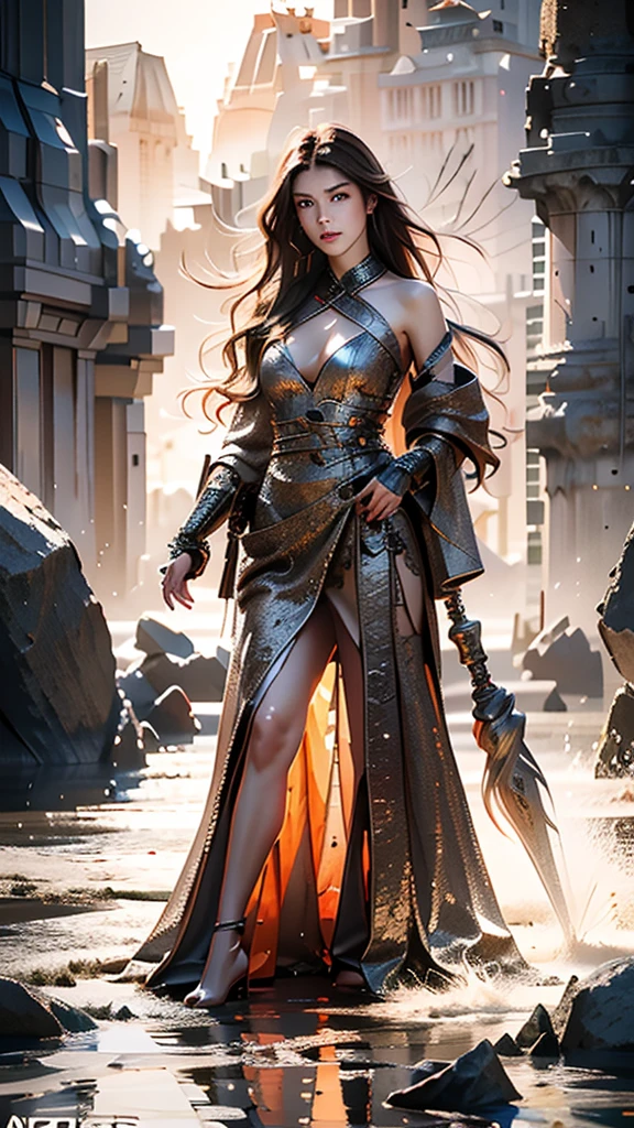 {{masterpiece}}, ultimate rendering, realistic rendering, deep red rendering, metallic rendering, {{color ink painting}}}, {{ink splatter }}}, {{color}}, gorgeous rendering, best quality, illustration, flame, smoke, doomsday world, ink splatter fire sea doomsday, full body, 1 woman, exquisite facial details, appearance Delicate face, real face, beautiful detailed eyes, deep pupils, broken city details, beautiful details, long hair, wavy hair, broken details, transparent mechanical shaft, cyborg girl, details, cool , Tight grooming, lace decoration, linear light clothing modification, large breasts, light show, reflection, highlights, divine light, confidence, charm, seductive posture details, c Fire Day, Fire Sea, Details Armor: Silver Dragon, (calm, confident expression) Great depth, depth of field, 360° panorama, fierce and beautiful battle scenes, broken glass, all fingers hidden. hidden and invisible, small mouth closed