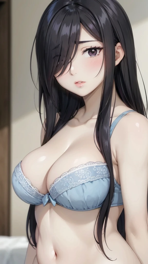 Cute mommy, mature women, blue bra,realistic skin,perfect ,black hair, long hair, (hair over one eye:1.4), messy hair, hair between eyes, chubby,plump,fat, nude,dense pubic hair, extreme pubic hair, Sexy lips, pucker lips,cute shy blush on, chubby cheek