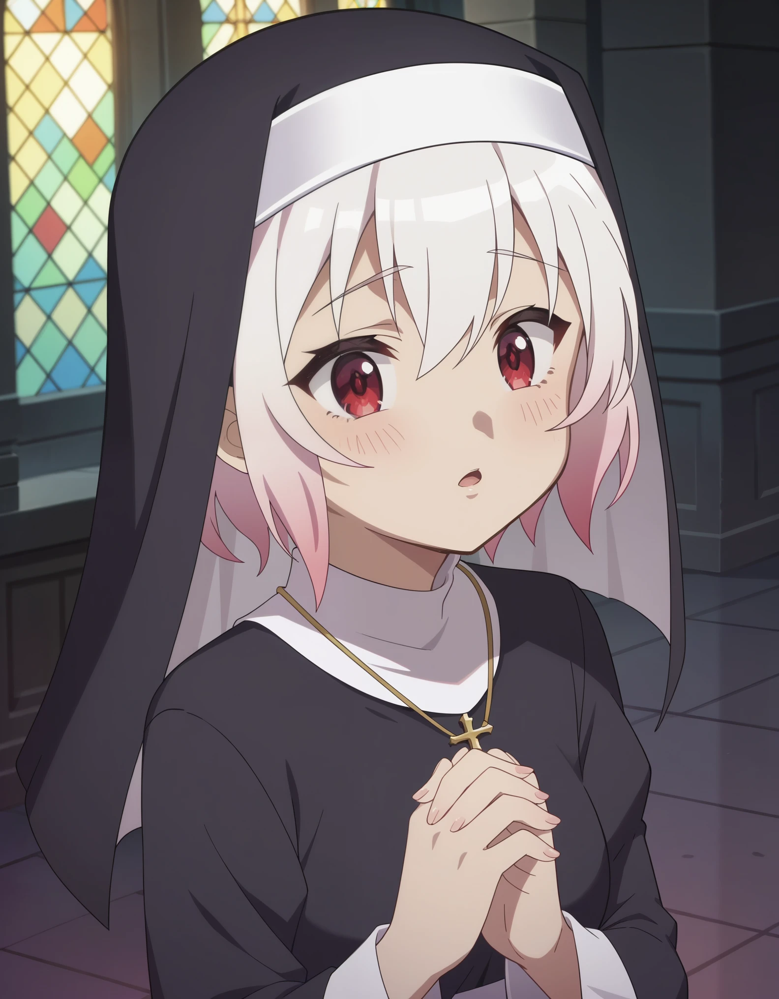 score_9, score_8_up, score_7_up, source_anime, anime screencap, anime coloring, nwbsuc, 1girl, short hair, white hair, gradient hair, pink hair, red eyes, nun habit, nun robe, church,