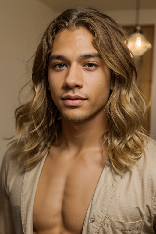 Light skin biracial man with wavy light blond hair and brown eyes