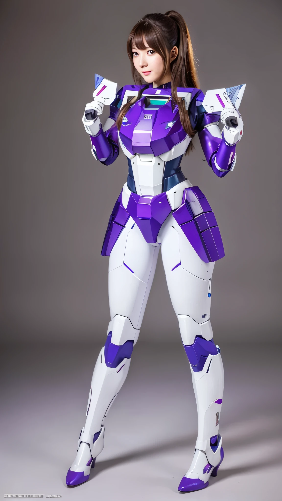 RAW, Masterpiece, Ultra Fine Photo,, Best Quality, Ultra High Resolution, Photorealistic, Sunlight, Full Body Portrait, Stunningly Beautiful,, Dynamic Poses, Delicate Face, Vibrant Eyes, a full body of a woman in a purple and white gundam custume, dybamic pose, long brown very very long hair rapunzel, girl in mecha cyber armor, portrait armored astronaut girl, d. va from overwatch, female mecha, on a gundam, gundam head, chiho aoshima color scheme, mobile suit, streamlined purple armor, fully robotic!! girl, realistic cosplay, gundam armor , full body, sit down, full body