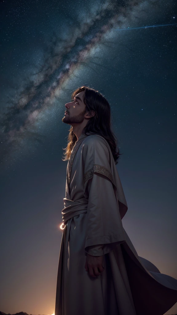 Jesus 2D Animation (((( Disney animation style)))), render an image of Jesus Christ gazing upwards towards the heavenly night sky. His face should be filled with wonder and awe, illuminated by the soft glow of the stars twinkling above. The night should be rich with deep blues and purples, with wisps of clouds gently drifting across the celestial expanse. Jesus' robes should be draped elegantly, with folds and creases that capture the Disney attention to detail. The overall scene should evoke a sense of spirituality, hope, and connection with the divine".