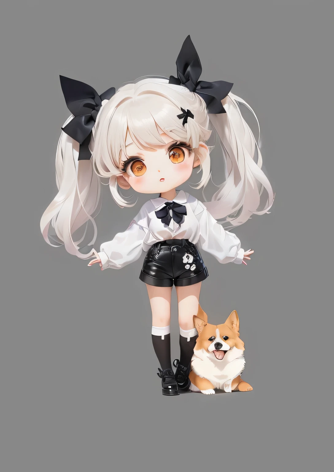 Anime girl with a corgi， Girl anime style，Second dimension Q version anime style，Stroke，White shirt，shorts，leather shoes，Bow，Cute style，
