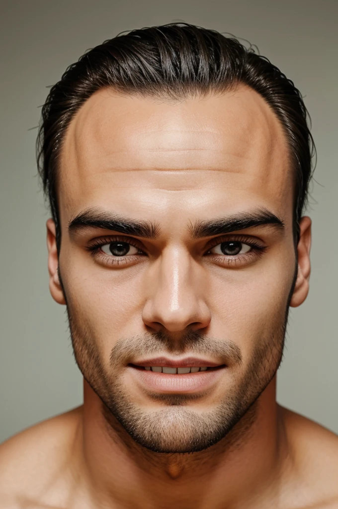 Make a man withBroad forehead, thick eyebrows, white teeth and attractive lined 