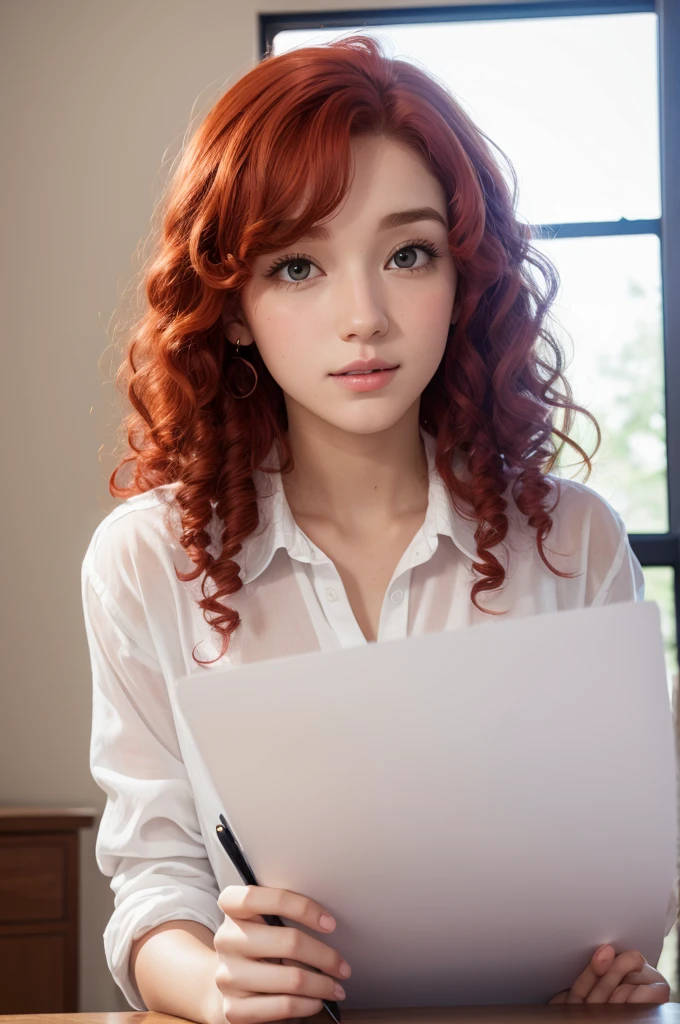 White with red curly hair and big nose, studying in a white shirt 