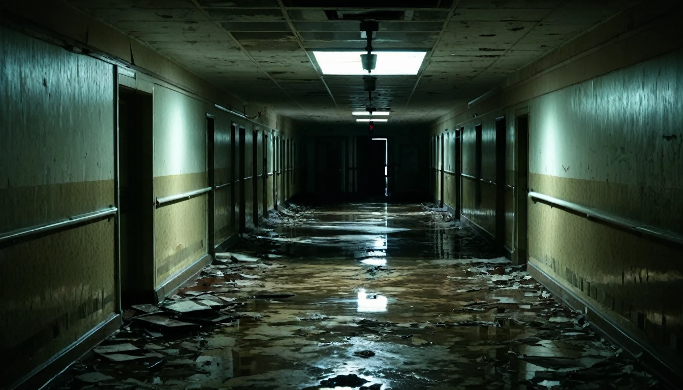 second floor, abandoned hospital corridor, rotting, dark, sinister, macabre environment