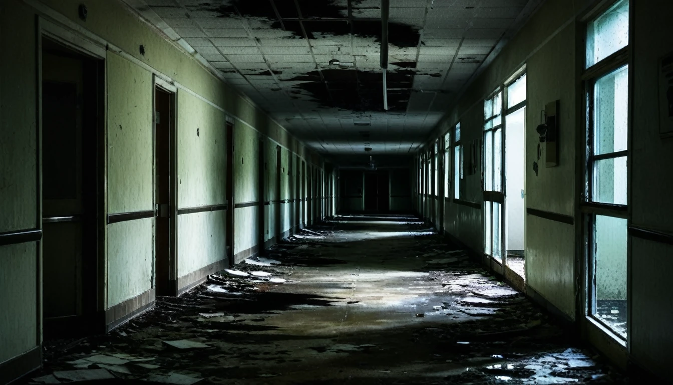 second floor, abandoned hospital corridor, rotting, dark, sinister, macabre environment