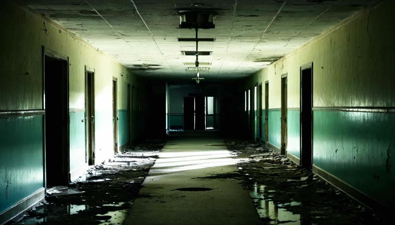 second floor, abandoned hospital corridor, rotting, dark, sinister, macabre environment