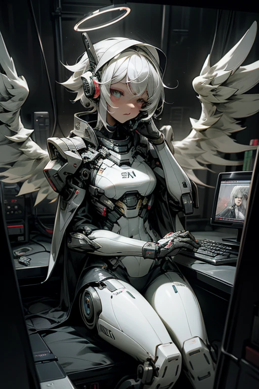 anime style, super fine illustration, highly detailed, dynamic angle, beautiful detailed, 8K, At night, in a dark room, Blake. A woman sits in front of her computer, unable to sleep. BREAK She is wearing a headset with a microphone and holding a video game controller, BREAK She is playing a game.God,Angel wings,goggles,God game,white hair,Angel Halo,perfect face,perfect hands,short hair,sharp eyes,perfect contoroller,Insanity,8k quality,Break a robot game,on desktop,Break God is watching from beside me
