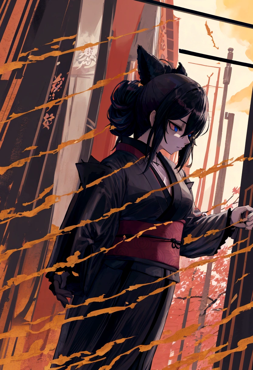 Chico, black fur, wearing a kimono, two wooden swords, walking to the airport, blue eyes and with a necklace