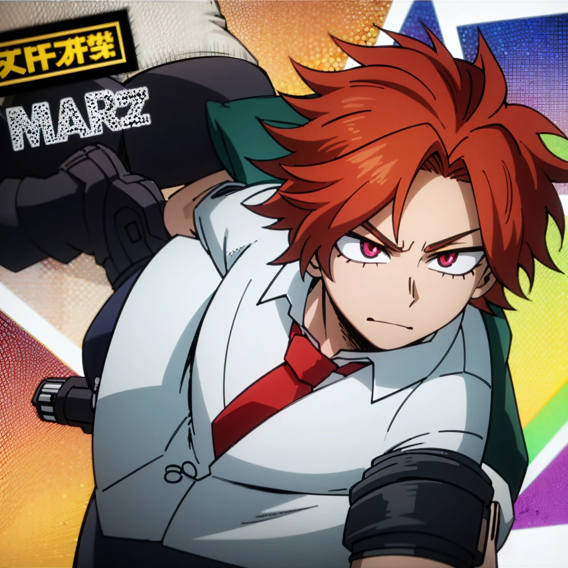 1boy, male focus, solo, muscular body, short hair, fluffy hair, red hair, yellow streaks, magenta eyes, smirk, gray jacket, red tie, white shirt, teal pants, mlpsonata, MHA Style, Manhwa style, anime style, perfect eyes, perfect face, model face, boy