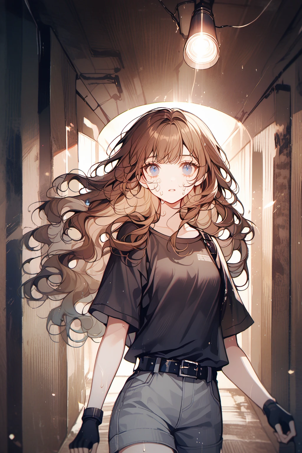 by ttosom, 1 girl, blue eyes, CuteStyle, upper body, brown hair, long hair with bangs, dressed in a black T-shirt and gray jeans, black belt on shorts, holding a flashlight, shining a flashlight into the hallway, light from a flashlight, wearing black fingerless gloves, black, in the basement, detailed, dynamic, flowing hair, beautiful, dark, tense atmosphere, sweat on the face, worried look, gentle tones