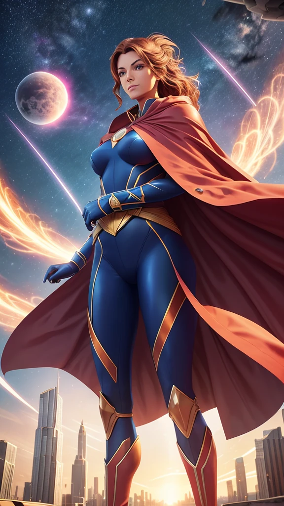 Tight suit in blue and red tones with the iconic symbol "S" On the chest.
- Red cape fluttering in the wind, long and majestic.
- High boots and gloves, both in red, that complement the suit.
- Thin yellow belt that defines the waist.
- Standing, with a firm and confident posture, hands on hips.
- Flying over a city with a determined look.
- In a dynamic pose, ready for action, with one arm extended and the other flexed.
- Determined and confident look, transmitting both power and compassion.
- A soft but confident smile can add warmth and bring the character closer.
- Metropolitan city at sunset, with skyscrapers and a sky that mixes orange and purple tones.
- A cosmic scene with planets and stars, showing your connection to the universe.
- A post-battle landscape with destroyed elements, highlighting her role as protector.
- Soft, warm light that highlights the textures and details of the suit.
- Shadows that accentuate the muscles and figure, creating a dramatic contrast.
- Light effects that suggest energy and power emanating from the character.
- Hair blowing in the wind, adding dynamism.
- Visual effects such as flashes of light or auras that enhance your power.
- Add moving elements, like the cape and hair, to give life and energy to the image.
