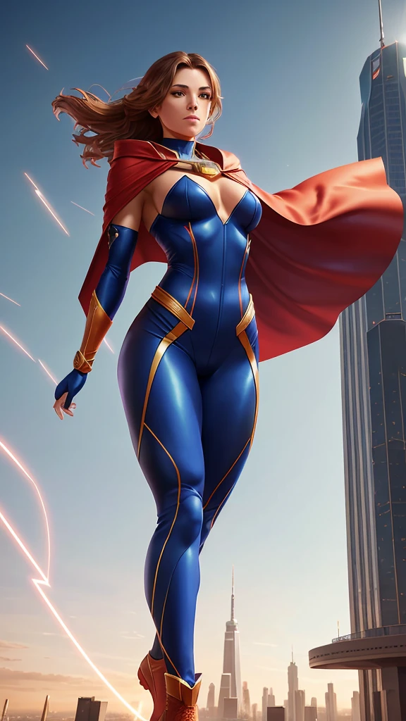 Tight suit in blue and red tones with the iconic symbol "S" On the chest.
- Red cape fluttering in the wind, long and majestic.
- High boots and gloves, both in red, that complement the suit.
- Thin yellow belt that defines the waist.
- Standing, with a firm and confident posture, hands on hips.
- Flying over a city with a determined look.
- In a dynamic pose, ready for action, with one arm extended and the other flexed.
- Determined and confident look, transmitting both power and compassion.
- A soft but confident smile can add warmth and bring the character closer.
- Metropolitan city at sunset, with skyscrapers and a sky that mixes orange and purple tones.
- A cosmic scene with planets and stars, showing your connection to the universe.
- A post-battle landscape with destroyed elements, highlighting her role as protector.
- Soft, warm light that highlights the textures and details of the suit.
- Shadows that accentuate the muscles and figure, creating a dramatic contrast.
- Light effects that suggest energy and power emanating from the character.
- Hair blowing in the wind, adding dynamism.
- Visual effects such as flashes of light or auras that enhance your power.
- Add moving elements, like the cape and hair, to give life and energy to the image.