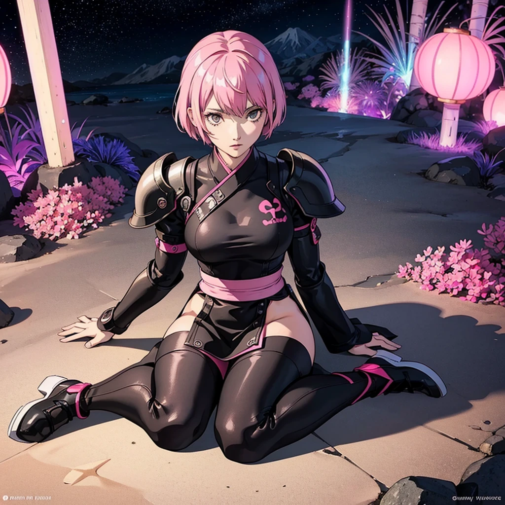 Full body image, woman, muscular body, short white curvy hair, sit pose, armor demoniac, black and pink, night and beach background , shining pink, persona 3 style, Japanese writing on the edges with Shangri-La written on the top.