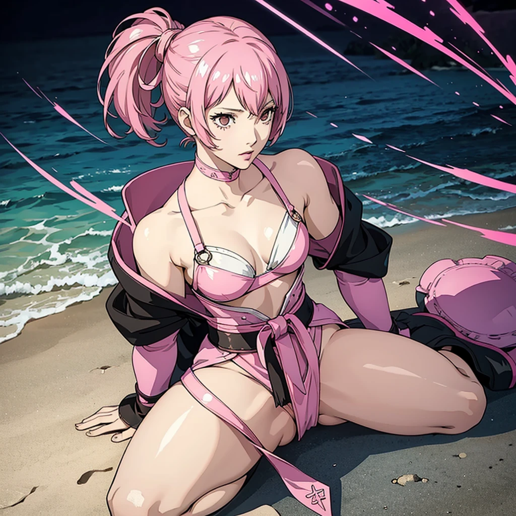 Full body image, woman, muscular body, short white curvy hair, sit pose, armor demoniac, black and pink, night and beach background , shining pink, persona 3 style, Japanese writing on the edges with Shangri-La written on the top.