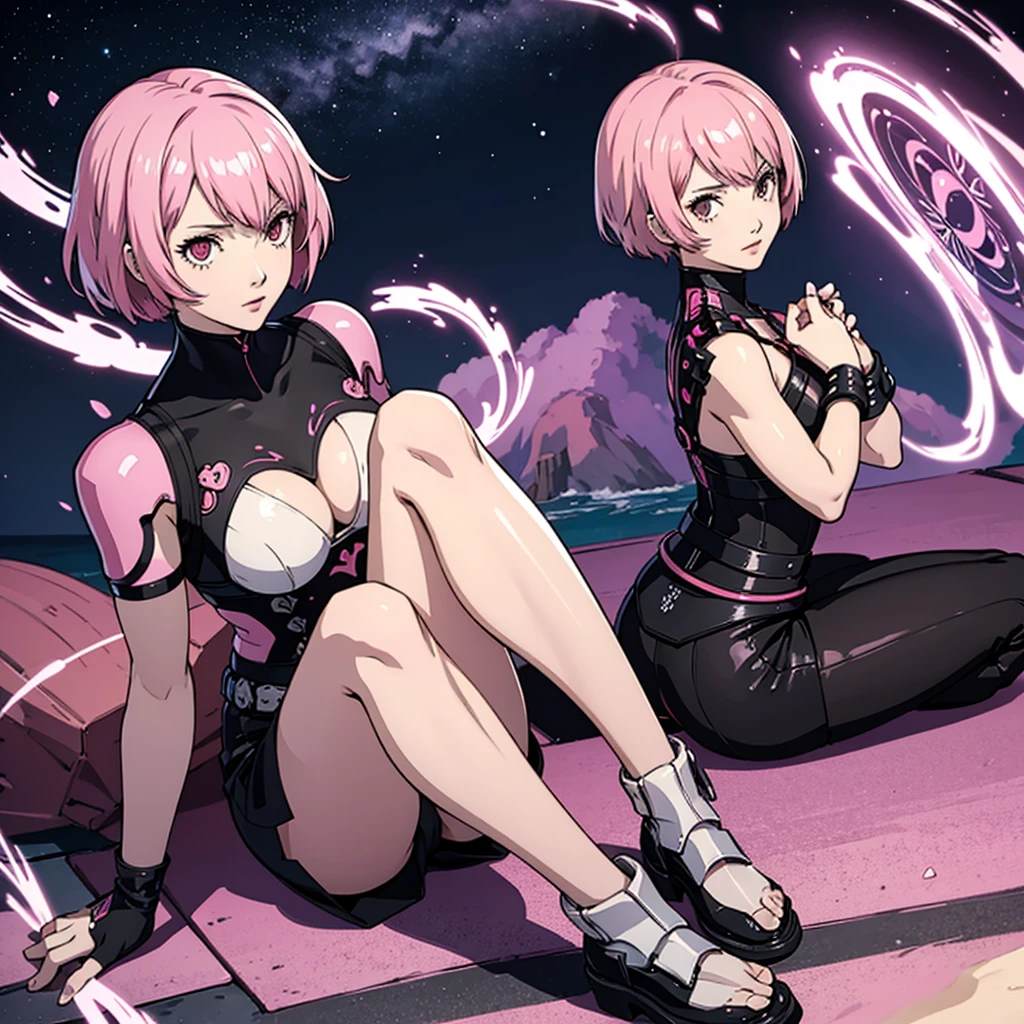Full body image, woman, muscular body, short white curvy hair, sit pose, armor demoniac, black and pink, night and beach background , shining pink, persona 3 style, Japanese writing on the edges with Shangri-La written on the top.