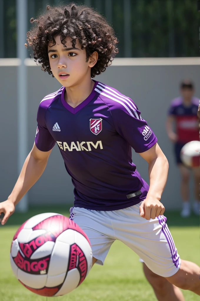 Boy with curly hair with purple highlights playing ball with Flamengo shirt