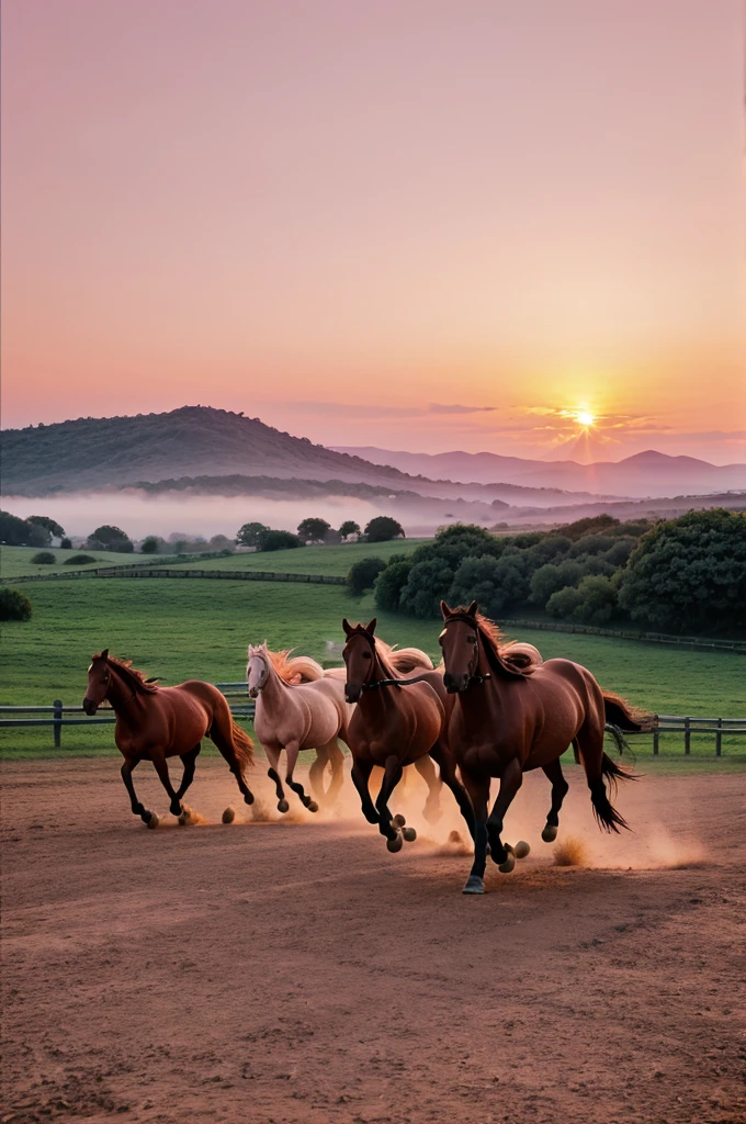 Seven number of horses running towards you with pink sky and sunrise in the background in landscape format