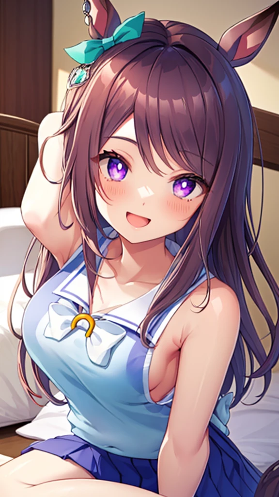 ((8K, Best Quality, masterpiece, Highly detailed)),{{{NSFW}}},Semi-realistic illustrations,Mejiro McQueen \(umamusume\),{1 girl,beautiful girl,cute,smile,kawaii, lovely,blushing,playful expression},sharp focus,oily skin,beautiful detailed hair,glossy hair,(wear school uniform:1.5),(two nipples slip from school uniform:1.2)(NSFW),erection-of-nipples,(lying on the bed:1.2),wear long school skirt,perfect two legs,(spread two legs:1.2),(show-off-white-panties:1.3),five fingers,large breaths,wear black pantyhose,beautiful detailed eyes,jewel like eyes,violet eyes, (two hands behind head:1.1),open mouth,armpits, solo,beautiful navel,  looking at viewer,collarbone,earring