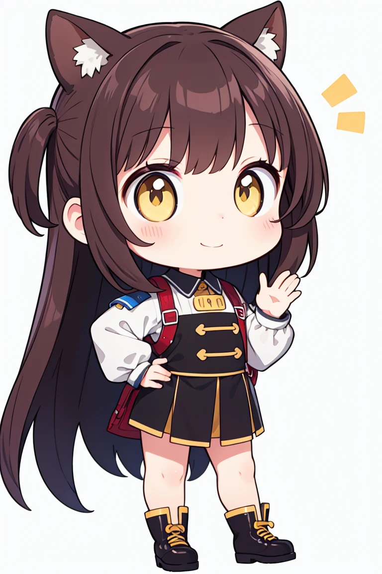 chibi, flat color, solo, full body, cute, (highest quality), brown Hair, yellow eyes, Beautiful Eyes, A determined smile, put hands hip, white background, (masterpiece)